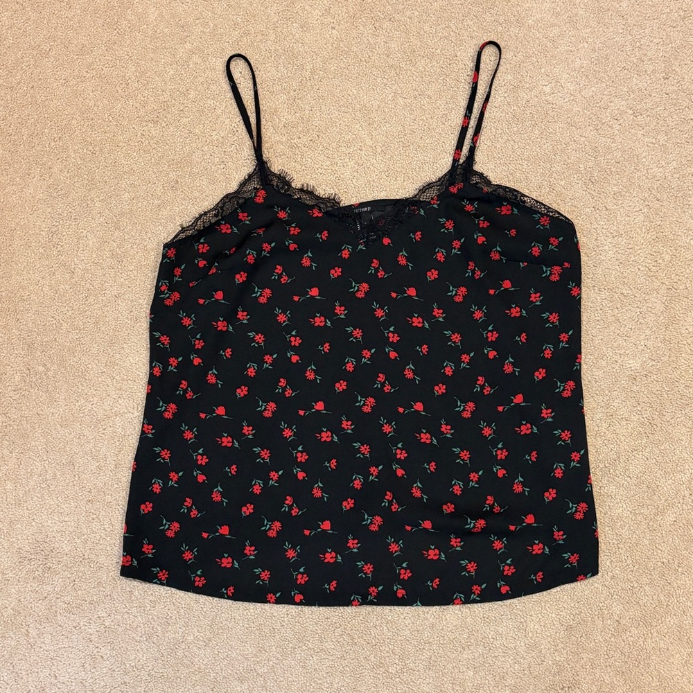 Forever 21 Floral Lace Cami Top Size Large Black Red Whimsigoth Romantic Club